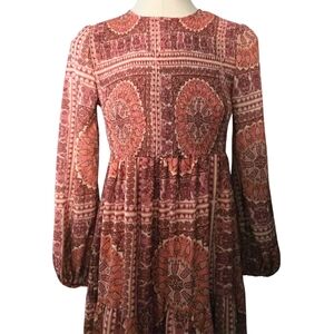 Böhme Boho Smocked Midi Dress Paisley Long Sleeve Cottagecore Medium Prairie